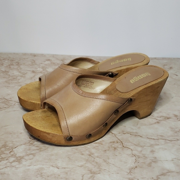 BONGO Retro Beige Leather Wood Platsform Women’s Mules Size 8 - Picture 5 of 7